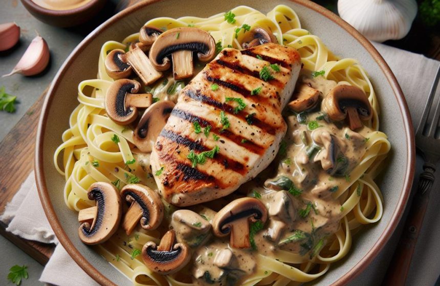 Tagliatelles Konjac au Poulet Grillé et Sauce Crémeuse aux Champignons