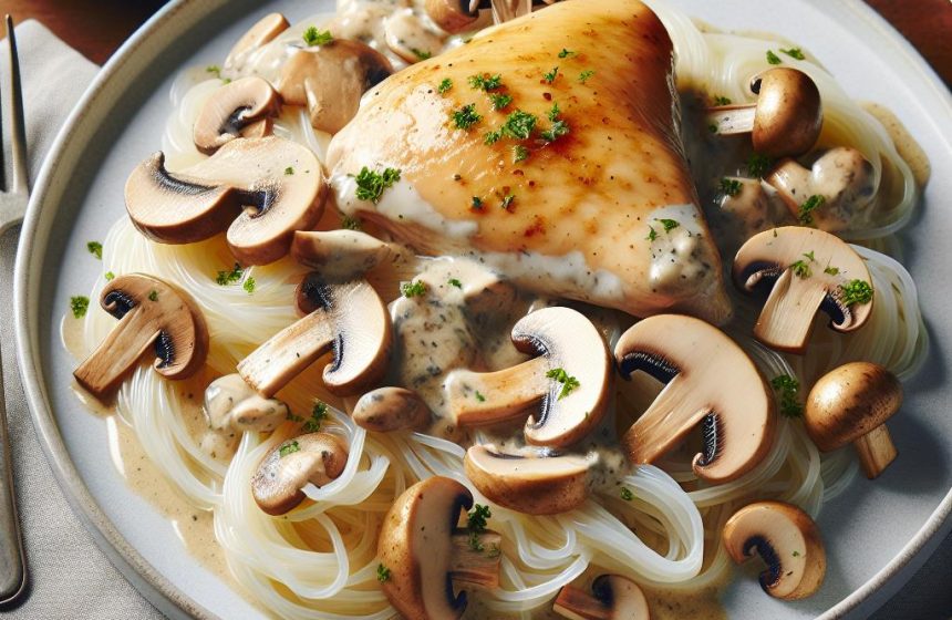 Poulet Crémeux aux Champignons sur Nouilles de Konjac