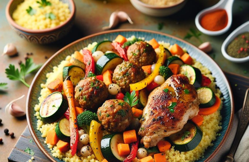 Couscous aux Légumes, Boulettes et Haut de Cuisse de Poulet