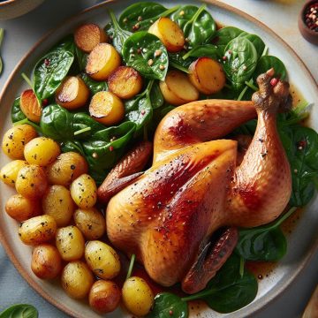 Cuisse de Pintade Rôtie avec Pommes de Terre Sautées et Salade d’Épinards