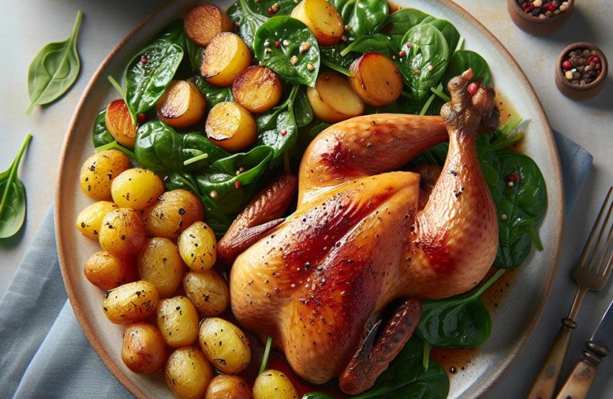 Cuisse de Pintade Rôtie avec Pommes de Terre Sautées et Salade d&rsquo;Épinards