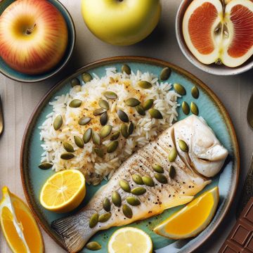Poisson aux Graines de Courge et Riz au Citron avec Fruits Frais