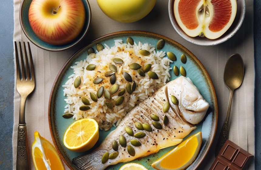 Poisson aux Graines de Courge et Riz au Citron avec Fruits Frais