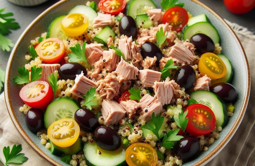 Salade de Quinoa au Thon, Olives Noires, Tomates Cerise et Concombre