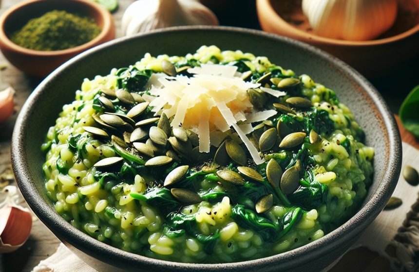 Risotto aux Épinards et Fromage avec Graines de Courges, Échalotes et Ail