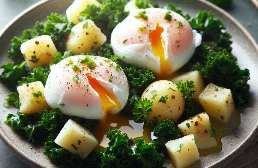 Oeufs Pochés sur Lit de Chou Frisé et Pommes de Terre Persillées