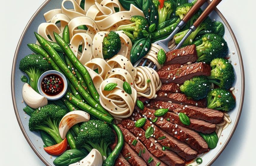 Boeuf Asiatique aux Pâtes Blanches et Légumes Verts