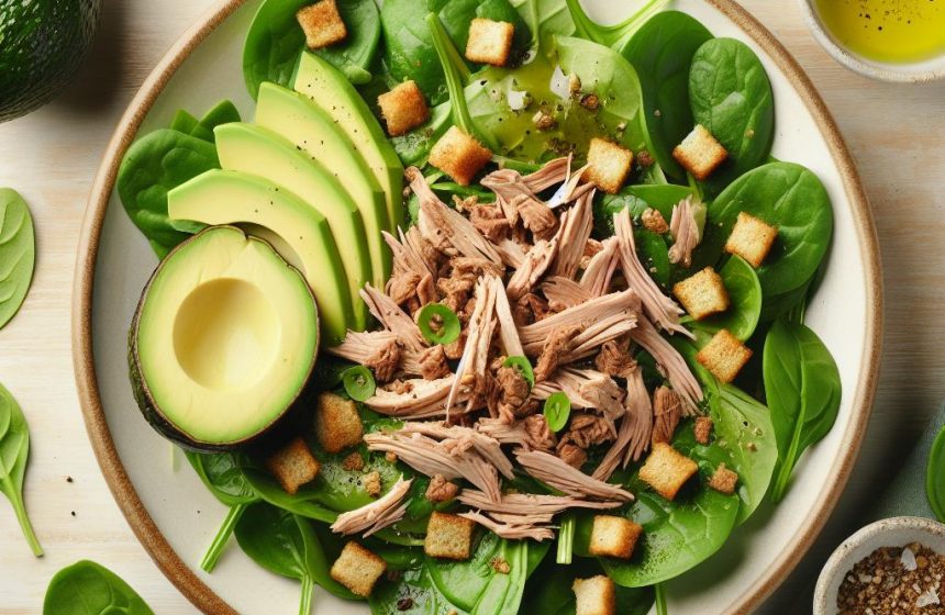 Salade Équilibrée aux Épinards et Viande Effilochée