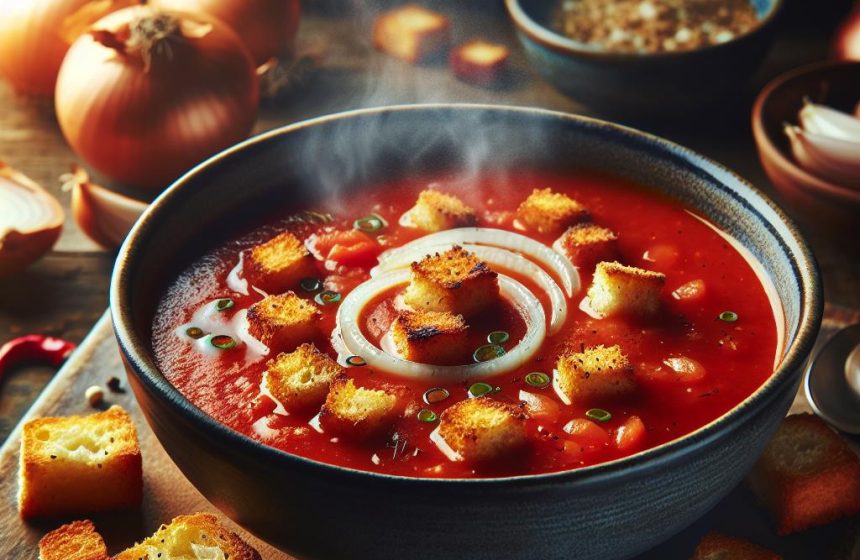 Soupe de Tomate Réconfortante aux Oignons, Gingembre et Croûtons