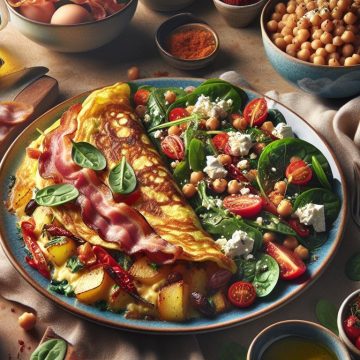 Omelette Gourmande aux Lardons, Pommes de Terre et Poivrons avec Salade de Pois Chiche