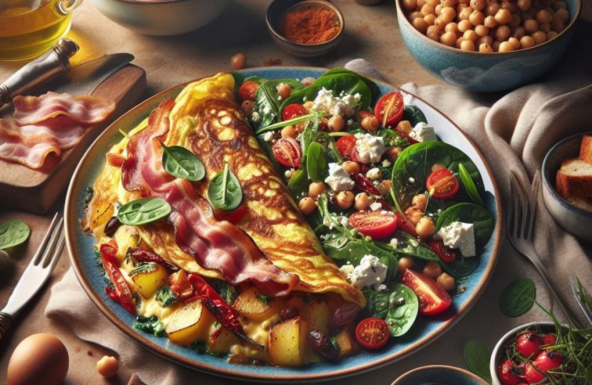 Omelette Gourmande aux Lardons, Pommes de Terre et Poivrons avec Salade de Pois Chiche