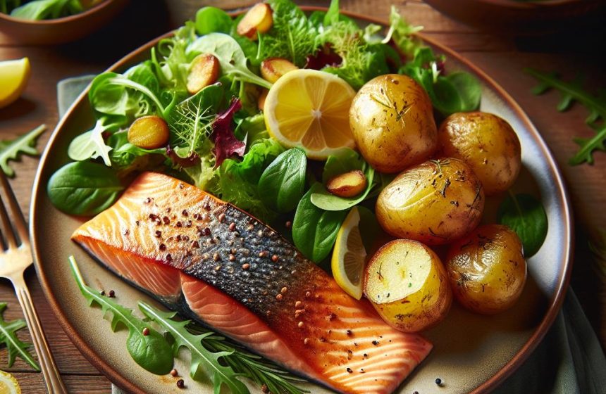 Saumon Rôti aux Pommes de Terre et Salade Verte