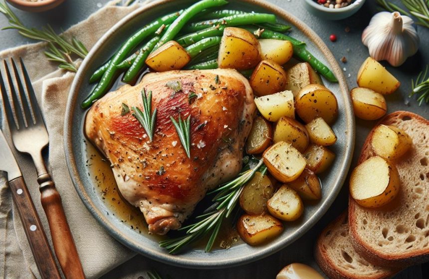 Cuisse de Poulet Rôtie avec Pommes de Terre Sautées et Pain Complet