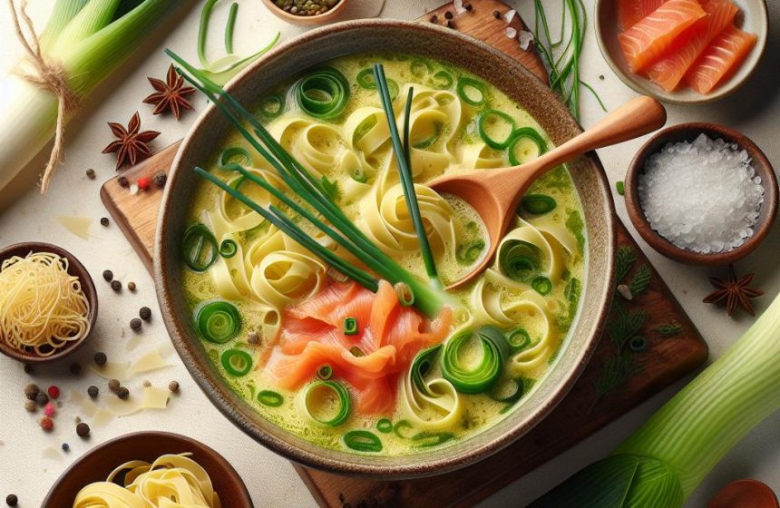 Soupe de Poireau avec Tagliatelles Fraîches et Saumon Fumé