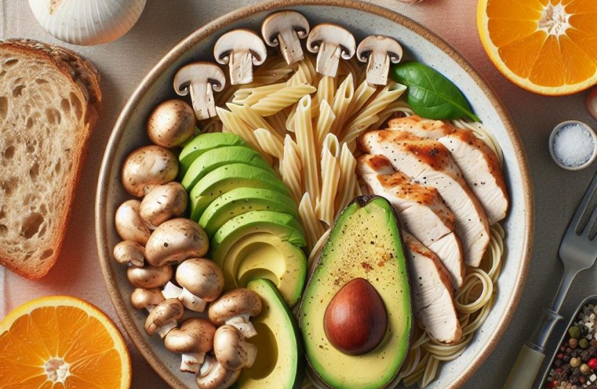 Pâtes au Poulet et Champignons avec Avocat et Orange