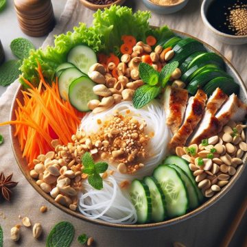 Bo Bun Vietnamien au Poulet avec Nouilles de Riz, Cacahuètes et Nems