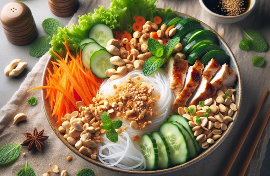 Bo Bun Vietnamien au Poulet avec Nouilles de Riz, Cacahuètes et Nems