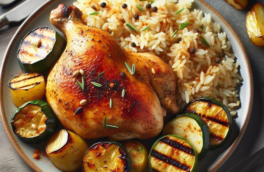 Poulet Rôti avec Riz et Légumes Grillés