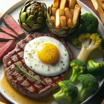 Steak Haché Gourmet avec Œuf au Plat, Frites Légères, Brocolis et Artichauts