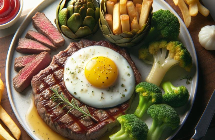 Steak Haché Gourmet avec Œuf au Plat, Frites Légères, Brocolis et Artichauts