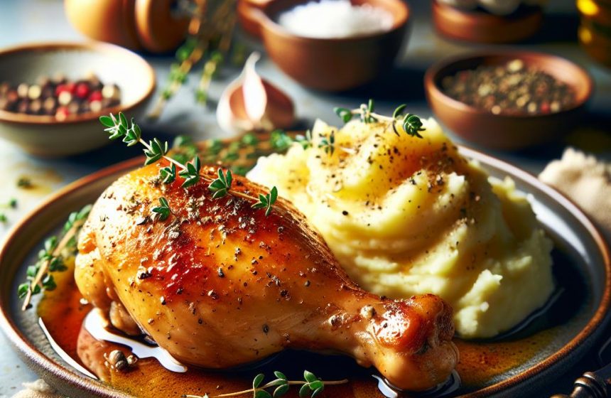 Cuisse de Poulet Rôti avec Purée de Pommes de Terre