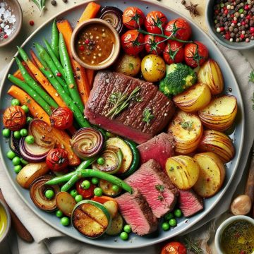 Tranches de Viande Rouge avec Sauce et Légumes Rôtis