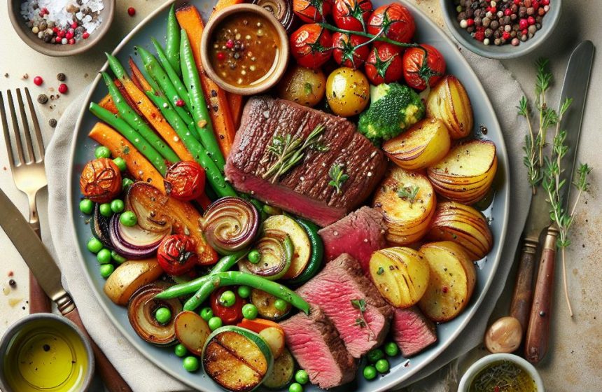 Tranches de Viande Rouge avec Sauce et Légumes Rôtis