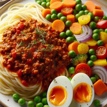Spaghetti Bolognaise avec Macédoine et Œuf Dur