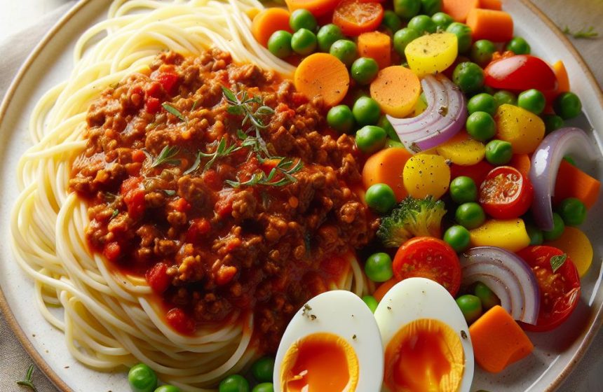 Spaghetti Bolognaise avec Macédoine et Œuf Dur