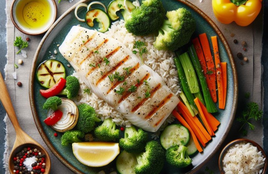 Filet de Poisson Grillé avec Riz et Légumes Variés