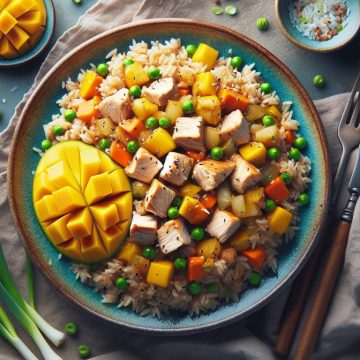 Riz Sauté au Poulet et Légumes avec Morceaux de Mangue