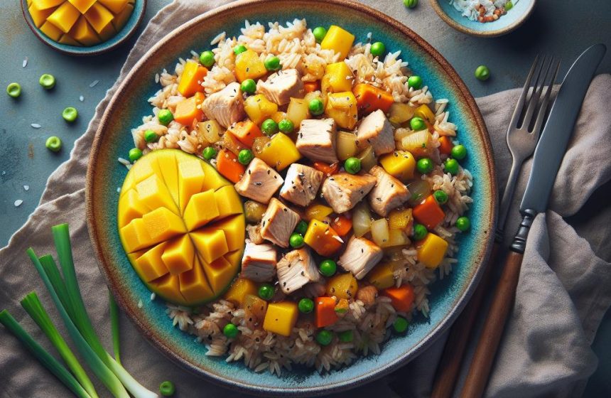 Riz Sauté au Poulet et Légumes avec Morceaux de Mangue