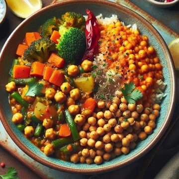 Curry de Légumes et Pois Chiches avec Duo de Riz et Risoni aux Lentilles Corail