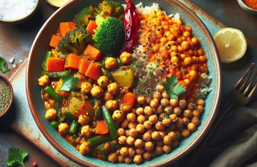 Curry de Légumes et Pois Chiches avec Duo de Riz et Risoni aux Lentilles Corail