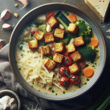 Soupe Gourmande aux 9 Légumes avec Croûtons à l’Ail et Gruyère