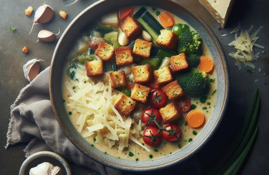 Soupe Gourmande aux 9 Légumes avec Croûtons à l&rsquo;Ail et Gruyère