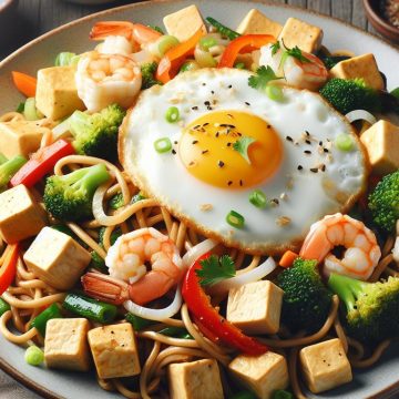 Nouilles Sautées au Tofu, Saja et Crevettes avec Œuf au Plat