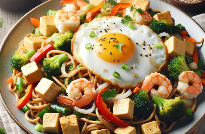 Nouilles Sautées au Tofu, Saja et Crevettes avec Œuf au Plat