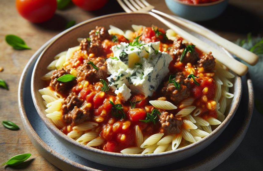 Orzo & Bœuf Haché en Sauce Pomodoro avec Fromage Frais aux Herbes