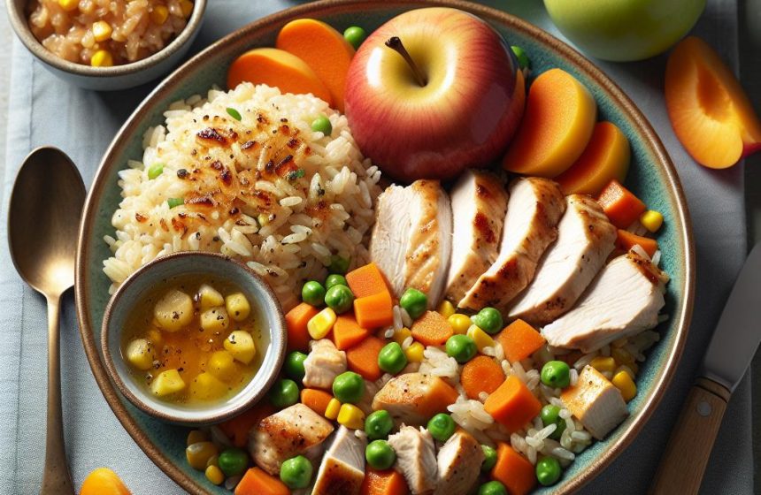 Riz Sauté aux Légumes et Poulet avec Compote de Pommes et Abricots