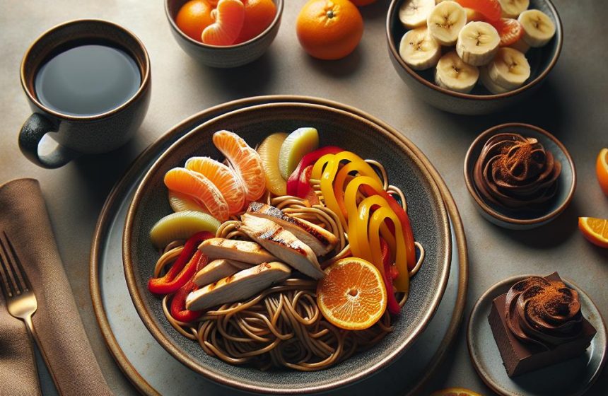 Nouilles Sautées au Poulet avec Douceur Fruitée et Mousse au Chocolat
