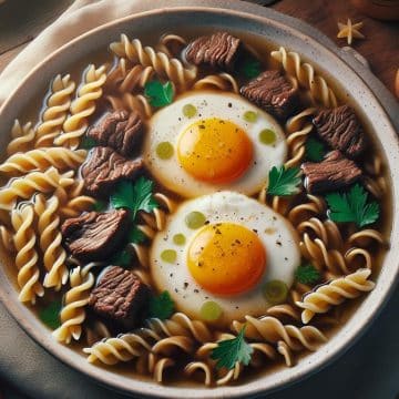 Pâtes au Bouillon de Bœuf et Œufs au Plat