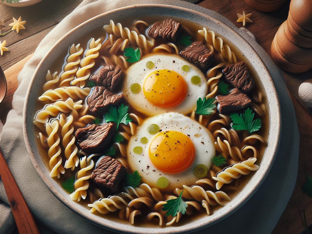 image-191 Pâtes au Bouillon de Bœuf et Œufs au Plat