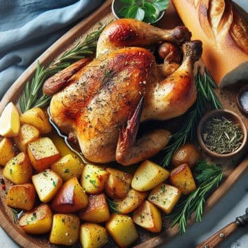 Poulet Rôti avec Pommes de Terre Sautées et Baguette