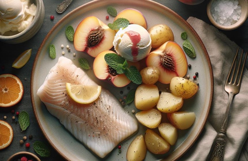 Délice de Cabillaud Vapeur avec Pomme de Terre et Pêche Melba