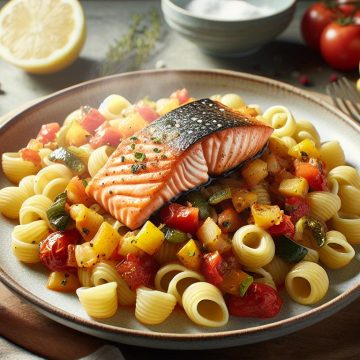 Pâtes Orecchiette à la Ratatouille et Saumon Grillé