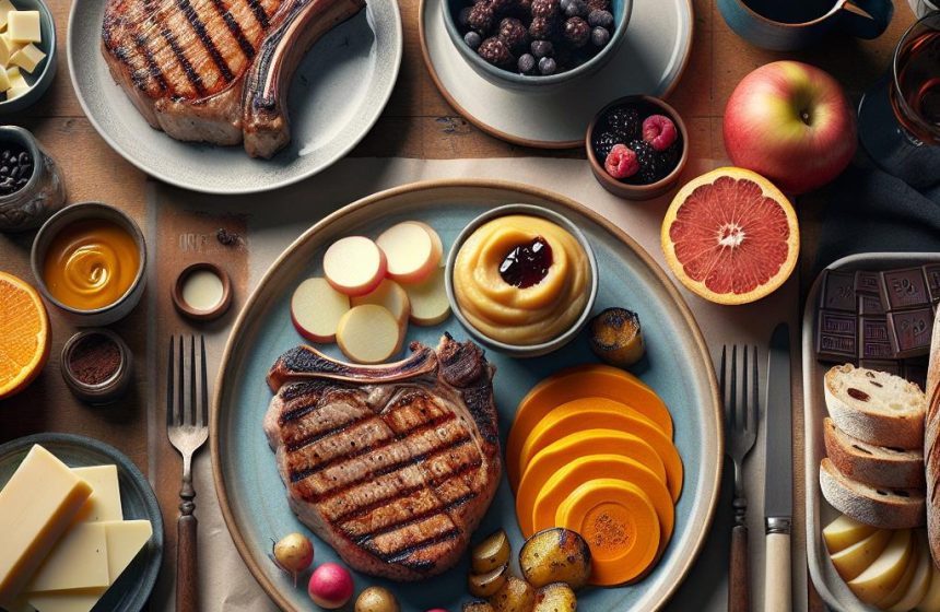 Côte de Porc Grillée avec Purée de Butternut et Pommes de Terre, Accompagnée de Fromage Blanc aux Fruits