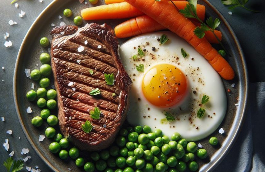 Délice de Steak et Œuf au Plat aux Carottes et Petits Pois