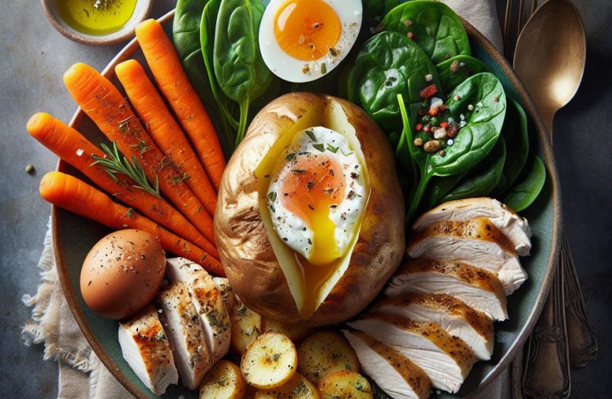Délice de Pommes de Terre au Four avec Poulet, Carottes, Œuf et Épinards