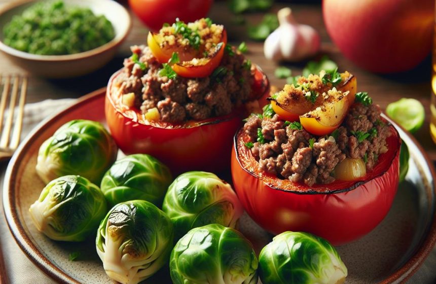 Tomates Farcies au Bœuf avec Choux de Bruxelles et Pomme